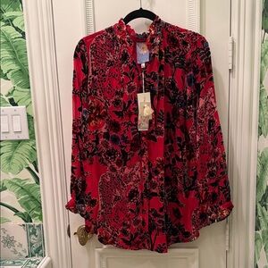 Johnny Was Vibrant Red and Black Floral Blouse and red camisole